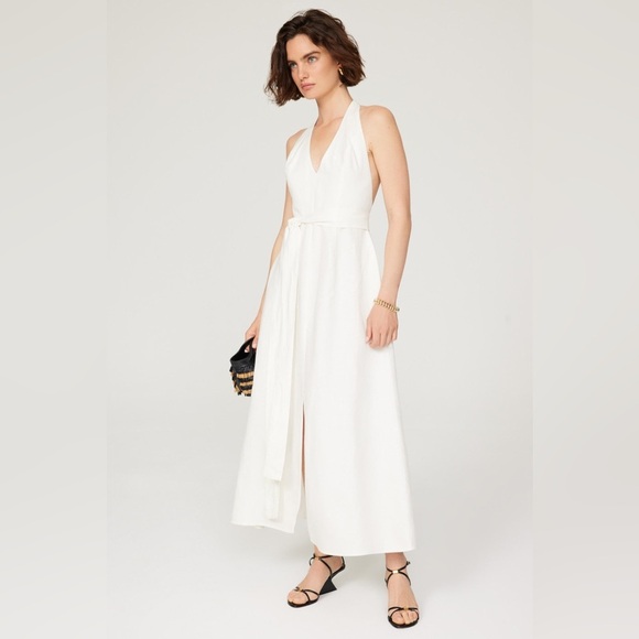 RTR Saunders Collective White Halter Maxi Slit Dress Linen Blend Size 10 - Picture 1 of 7